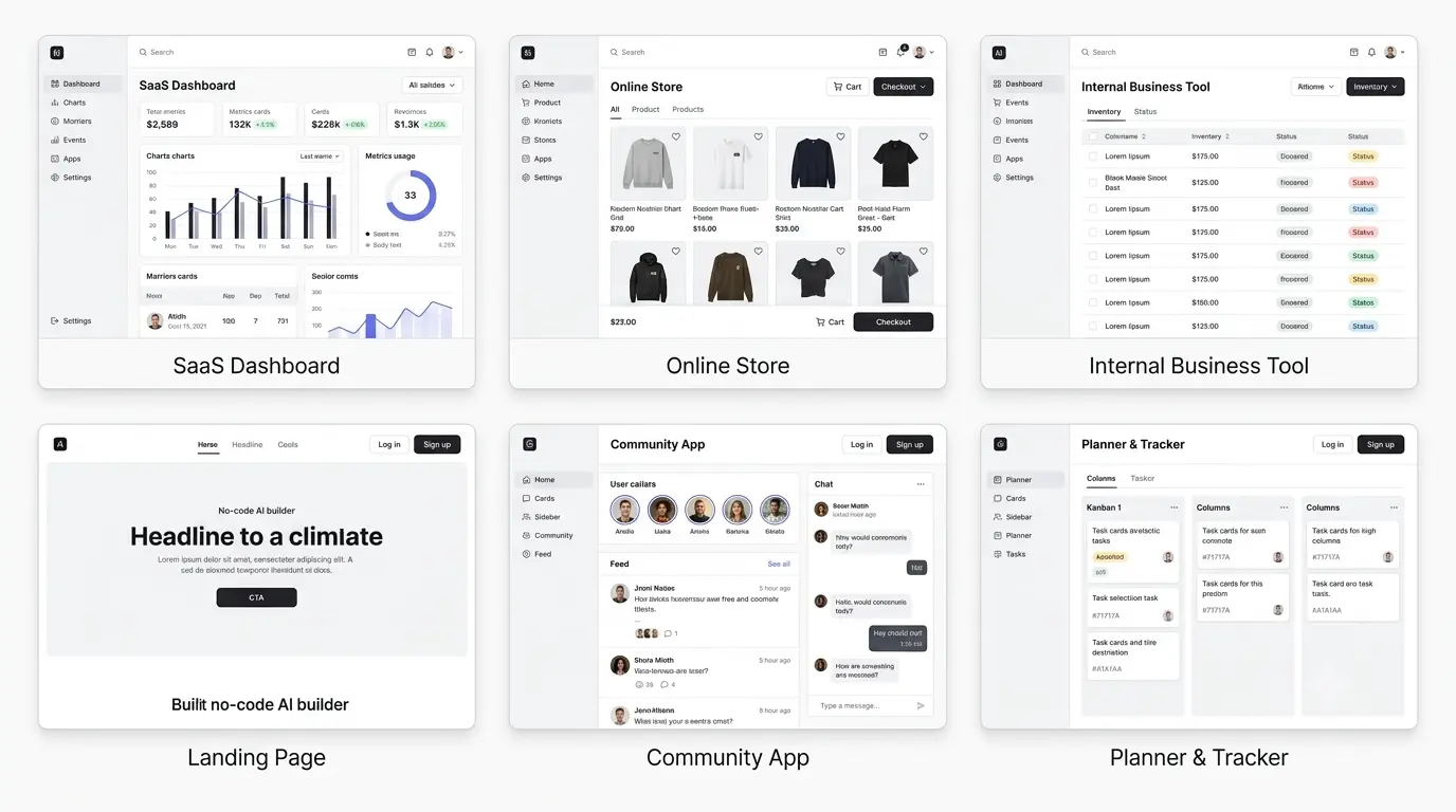 Apps built without coding — dashboards, online stores, booking systems, internal tools, and SaaS products
