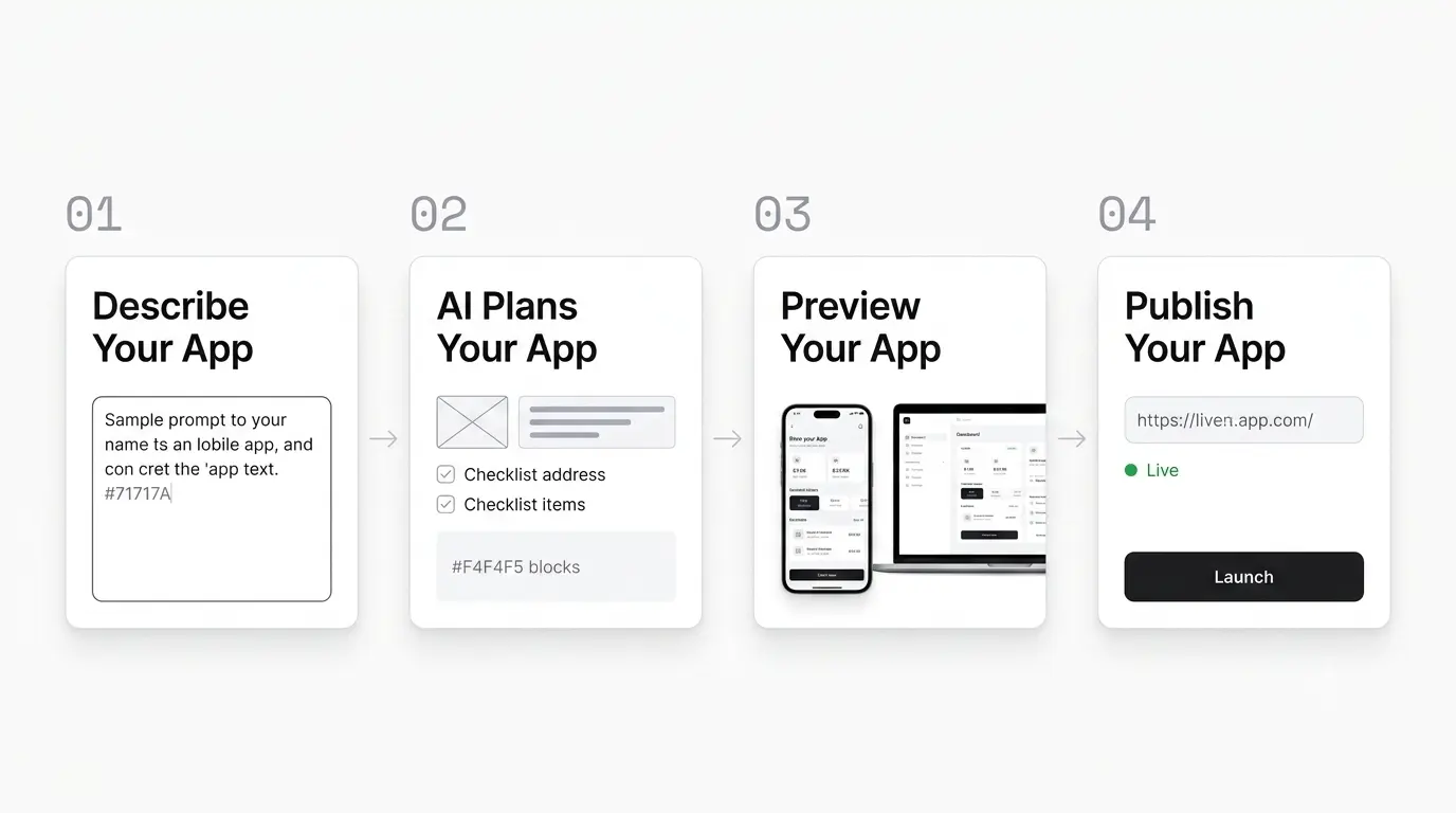 Build an app without coding in four steps — describe, plan, preview, and publish with AI